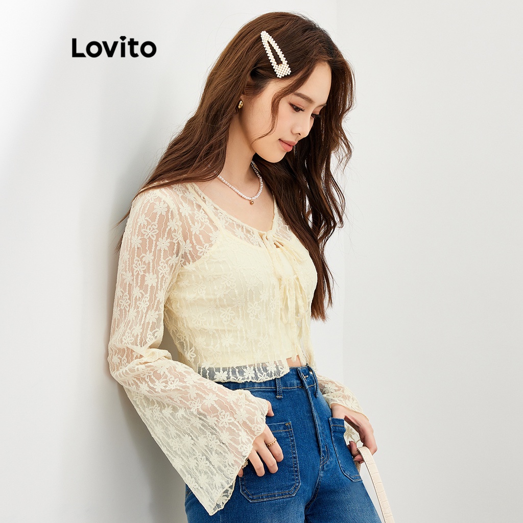 Set áo Lovito tay dài thắt nơ phối ren họa tiết hoa cơ bản cho nữ L47ED159 (màu mơ)