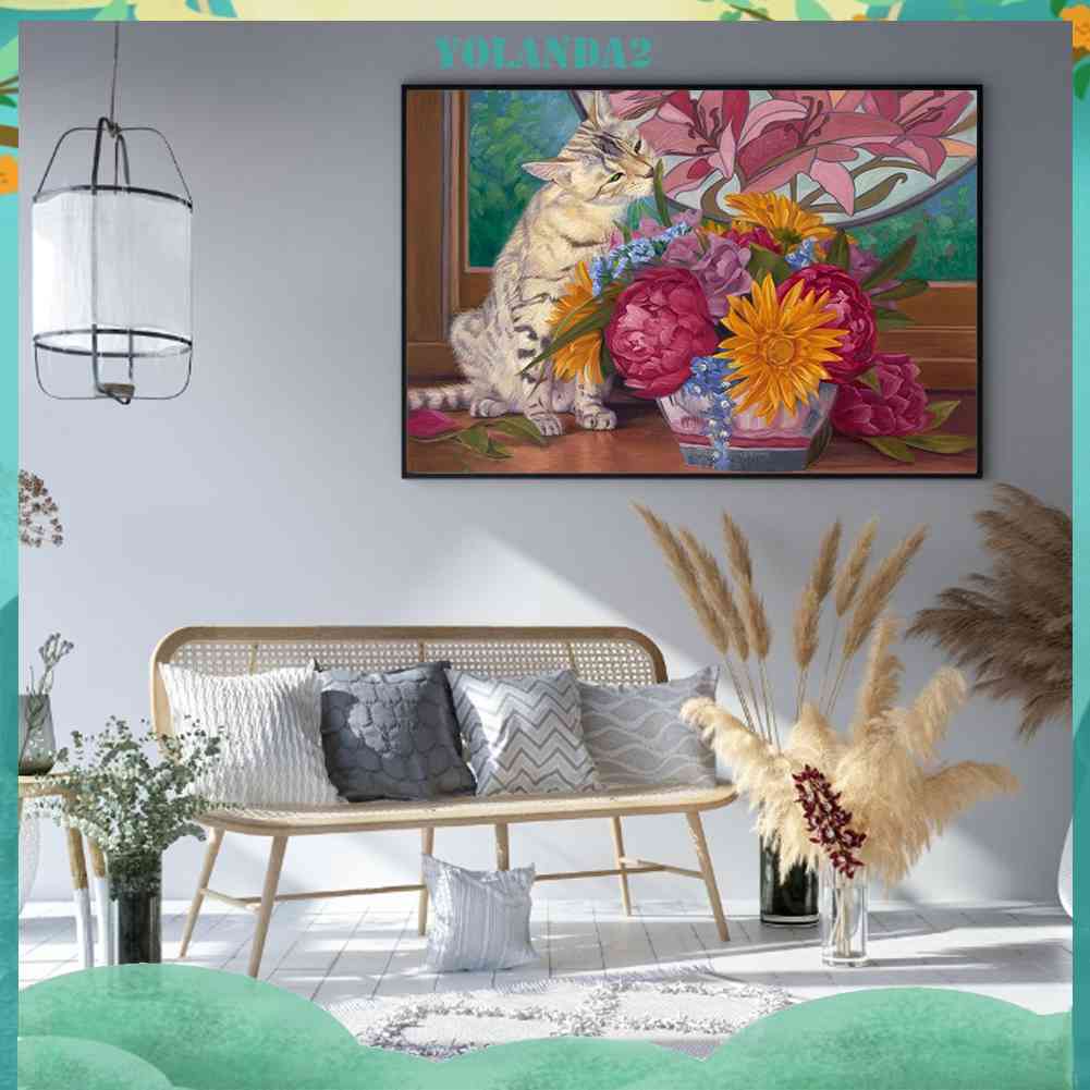 Tranh Đính Đá Kim Cương Toàn Bộ 5D DIY Hình Vẽ Mèo Hoa