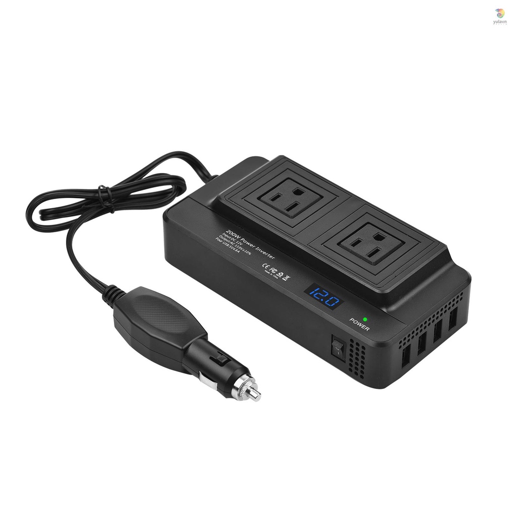 Bộ Chuyển Đổi Nguồn Điện 200W DC 12V Sang AC 110V Với 2 Ổ Cắm AC 4 Cổng USB Có Màn Hình Kỹ Thuật Số Dành Cho Xe Hơi / Laptop