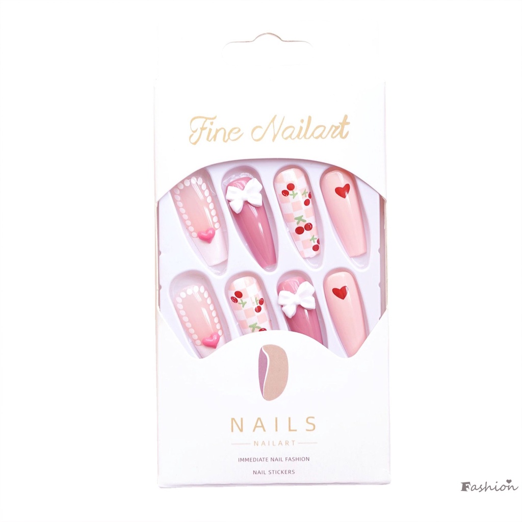 Bộ Móng Tay Giả Hình Vuông Nhiều Màu Kèm Nơ Trắng