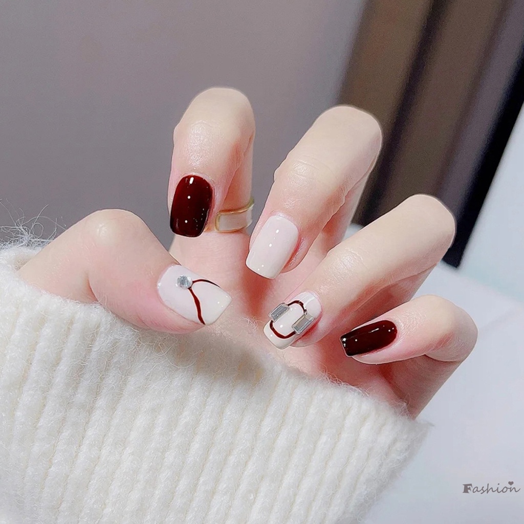 Burgundy Móng Tay Giả Ngắn Đính Đá Lấp Lánh Dễ Sử Dụng