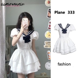 Đầm tay ngắn cổ thủy thủ màu sắc tương phản phối nơ xinh xắn