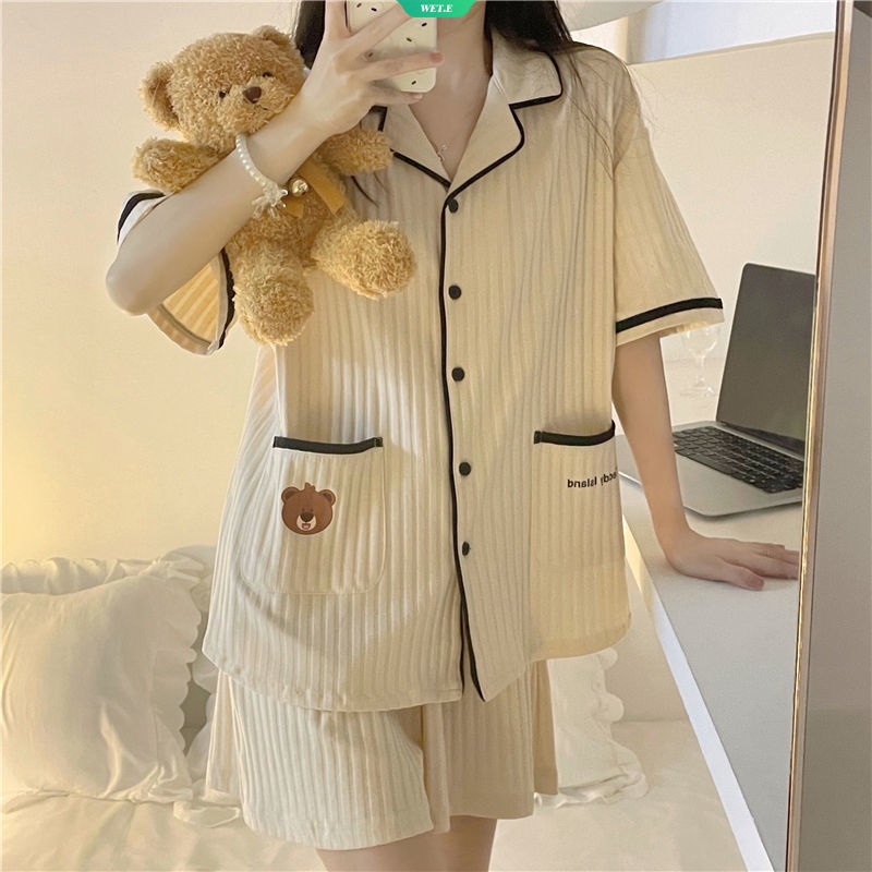Bộ Đồ Ngủ Họa Tiết Gấu Hoạt Hình Dễ Thương Phong Cách Nhật Bản Thời Trang Xuân Hè Cho Nữ