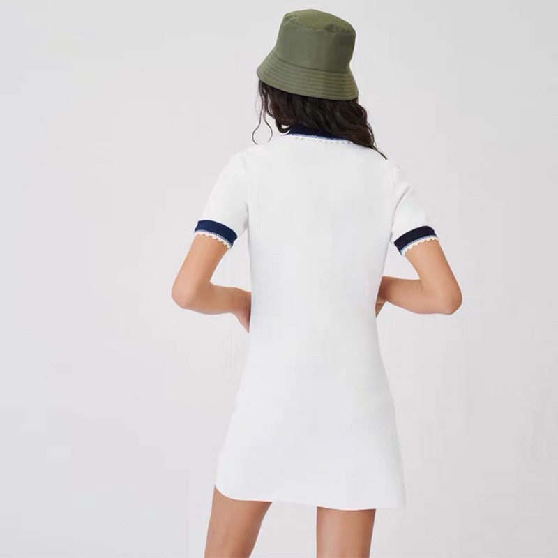 Maje spring and summer polo collar contrast color lace short sleeve slim knit dress women 0144