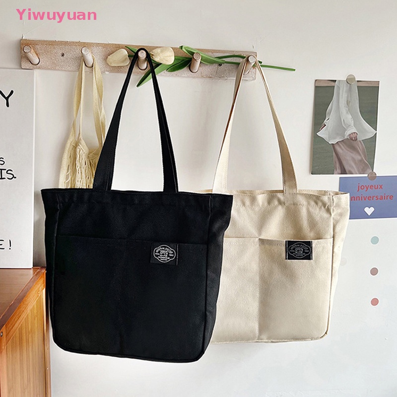 < Yiwuyuan > Túi Xách Tote Bằng Vải Canvas Màu Trơn Thiết Kế Đơn Giản Sức Chứa Lớn Có Thể Tái Sử Dụng Cho Nữ