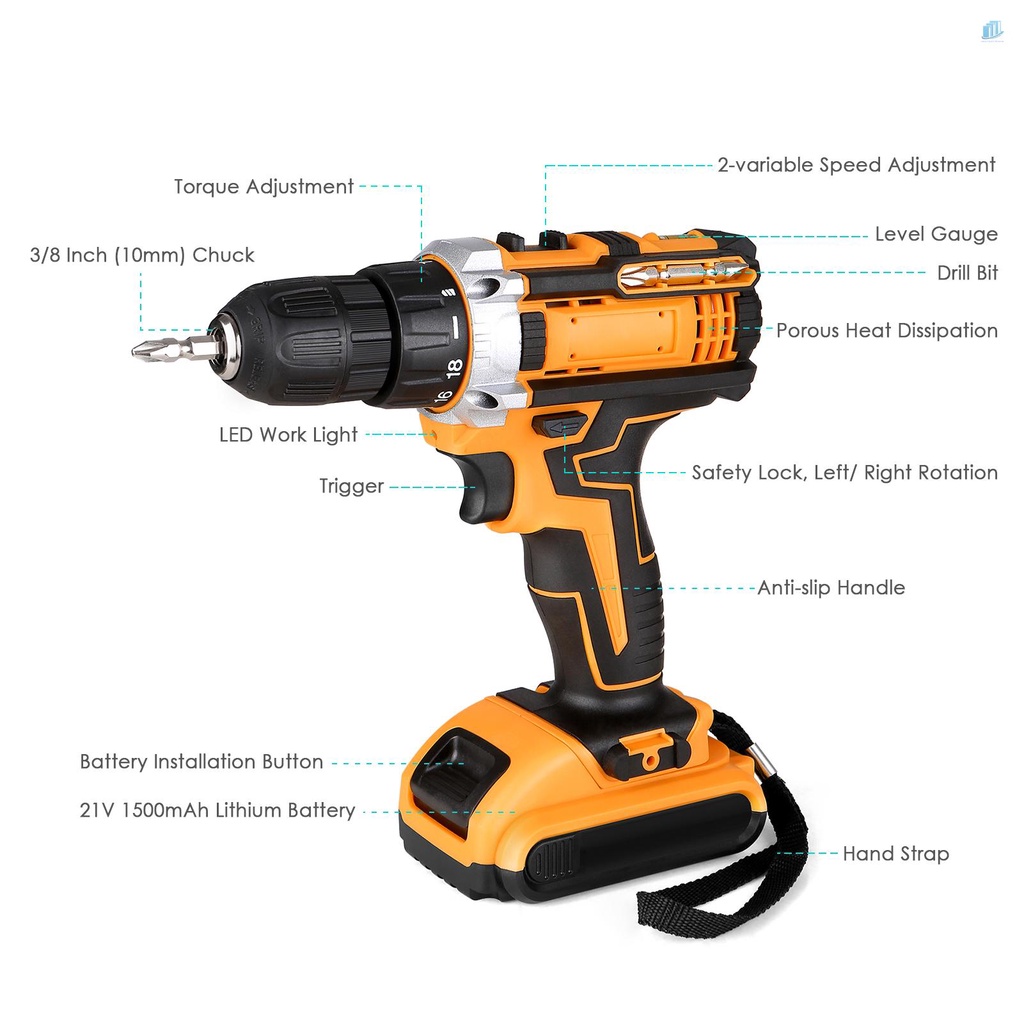 Máy Khoan Điện Cầm Tay Không Dây 21V s2mwvn Có Đèn LED Điều Chỉnh Tốc Độ 3 / 8 Inch Kèm Tua Vít 2 Chế Độ Xoay 36Nm Max