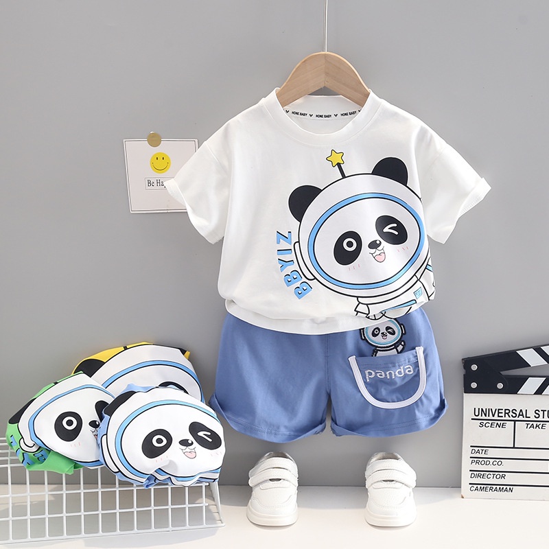 Set Đồ Mùa Hè 2 Món Gồm Áo Thun Cotton In Họa Tiết Hoạt Hình + Quần Ngắn Cho Bé