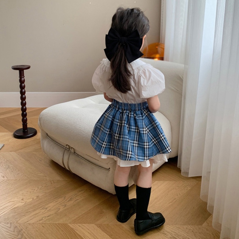 Bộ Khung Đồ Chơi Cho Bé❤Bộ Áo Sơ Mi Tay Phồng Màu Trơn + Chân Váy Cổ Búp Bê Họa Tiết Kẻ Sọc Thời Trang Mùa Hè Hàn Quốc Cho Nữ