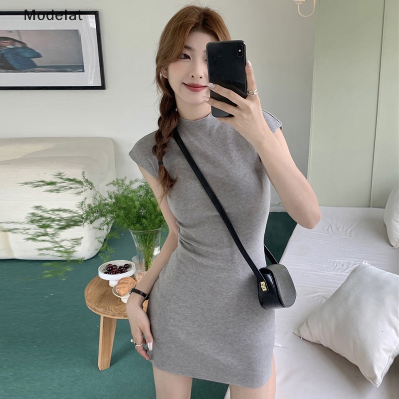 Mfc Đầm Mini Màu Trơn Cổ Cao Gợi Cảm Phong Cách Hàn Quốc Vintage Cơ Bản Mùa Hè Cho Nữ WTD