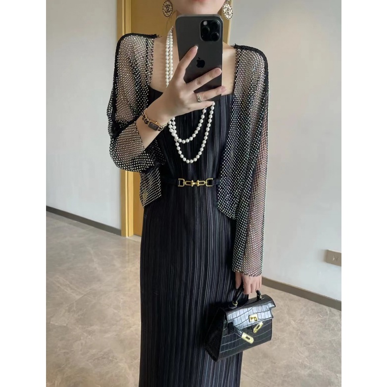 Toàn Bộ Áo Khoác Cardigan Lưới Ngắn Đính Kim Cương Pha Lê Lấp Lánh Thoáng Khí Chống Nắng Mùa Hè Sáng Bóng Dành Cho
