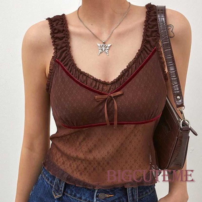 [] Áo Crop Top Lưới Mỏng Không Tay In Hoa Cổ Xẻ Tà Ôm Dáng Vừa Vặn Cho Nữ