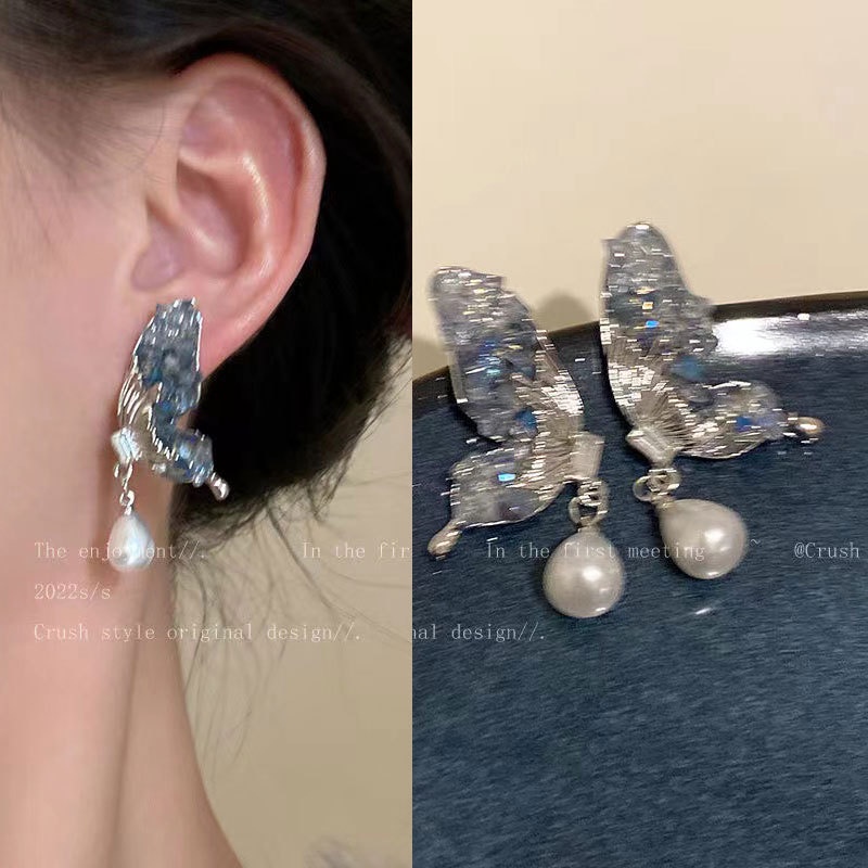 Bông Tai Hình Bướm Đính Ngọc Trai Nhân Tạo Thời Trang Dành Cho Nữ