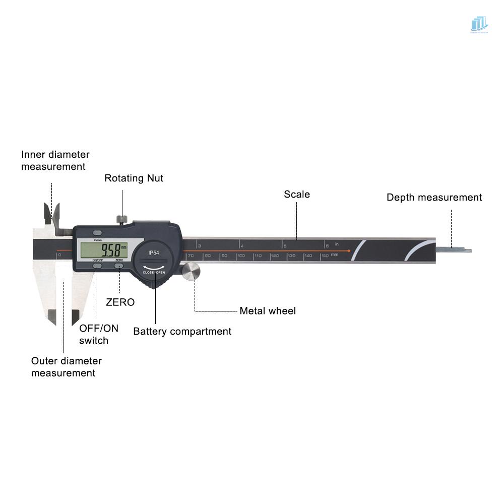 Thước Cặp Điện Tử Thông Minh Bằng Thép Không Gỉ mm / inch IP54 Màn Hình LCD Độ Chính Xác Cao Chống Thấm Nước IP54 0-200mm