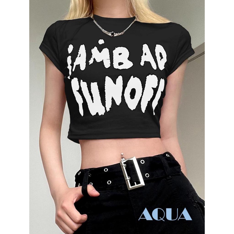 Áo Thun Crop Top Tay Ngắn Cổ Tròn In Chữ Thời Trang Mùa Hè Cho Nữ