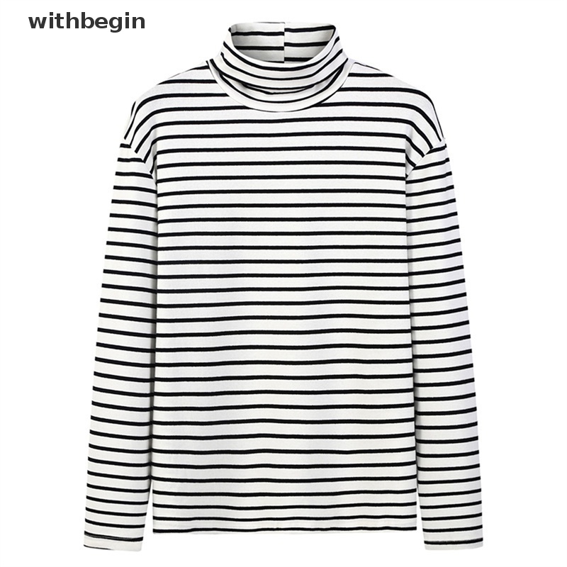 Áo Thun Dài Tay Cổ Lọ Họa Tiết Kẻ Sọc Phong Cách Đường Phố