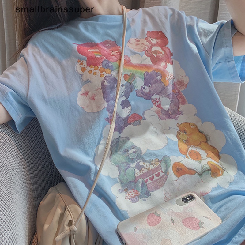 Áo Thun Ngắn Tay Cổ Tròn Dáng Rộng In Hình Gấu Hoạt Hình Thời Trang Mùa Hè Giản Dị Dành Cho Nữ SBS