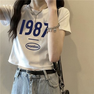 Áo Thun 100% Cotton Tay Ngắn Dáng Ôm In Chữ 1987 Phong Cách Hàn Quốc Thời Trang Mùa Hè Cho Nữ