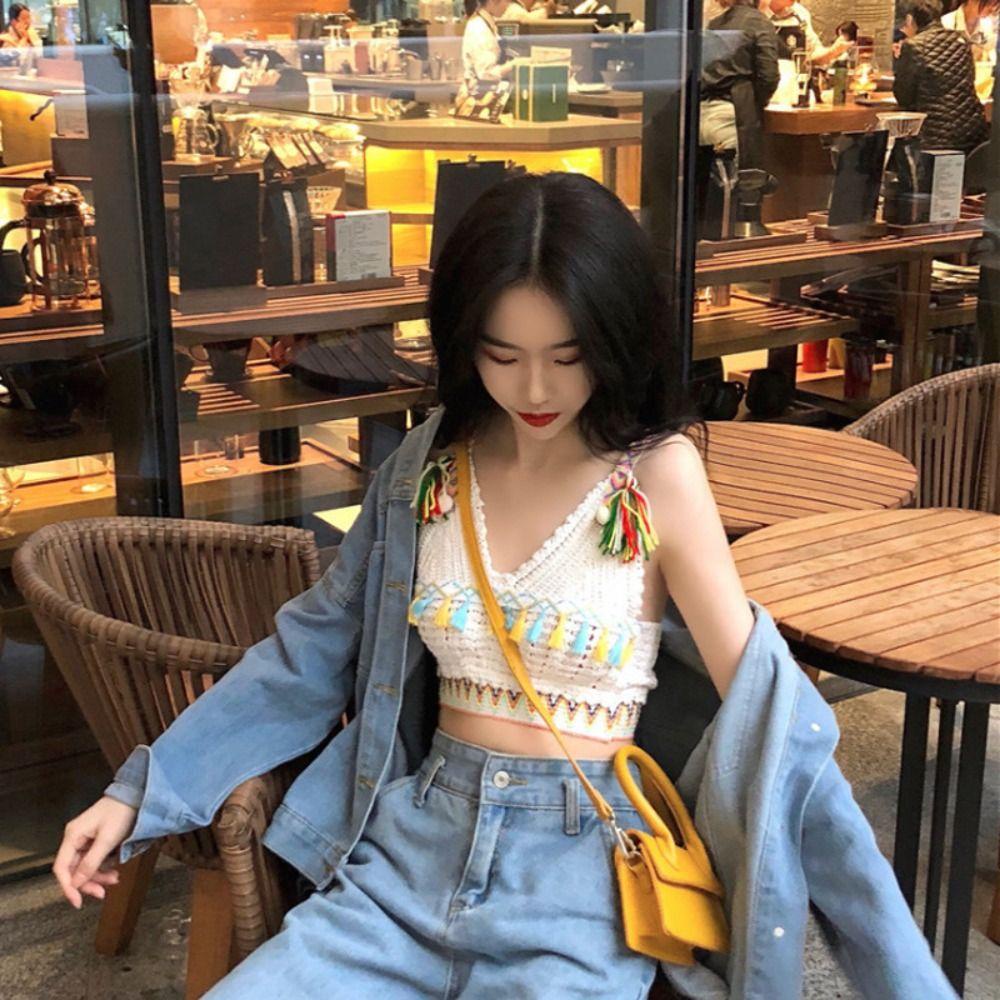 Áo Crop Top Cổ Chữ V Dáng Rộng Phối Tua Rua Phong Cách Retro Dễ Thương Dành Cho Nữ
