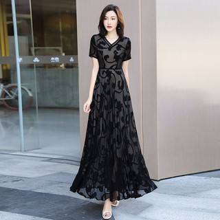 Đầm Xòe Dài Cổ Chữ V Màu Đen In Họa Tiết Thời Trang Quyến Rũ Dành Cho Nữ
