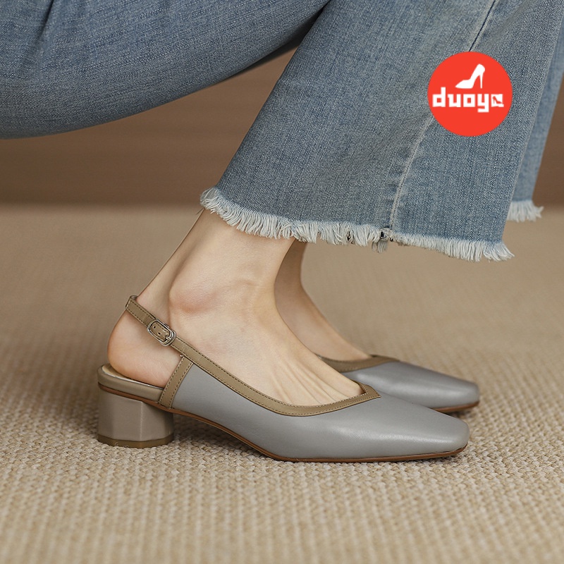 Duoya Factory~[Hàng Có Sẵn] Giày Da Đế Dày Hở Ngón Chống Mài Mòn Gót Dày Đơn Giản Cổ Điển Màu Bạc Đính Đá Thạch Anh Phong Cách Mùa Xuân Hè Chống Va Đập