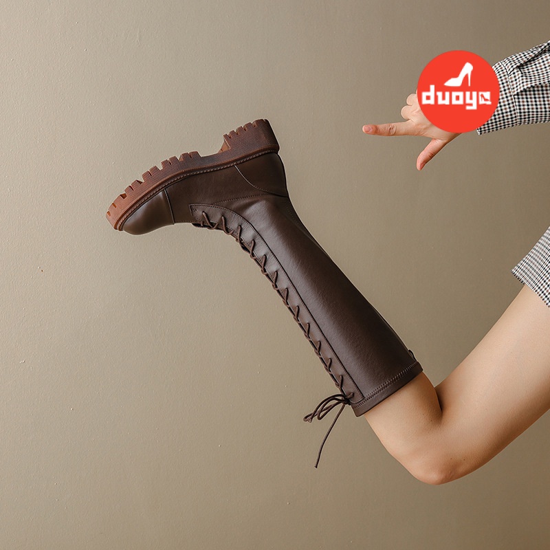 Duoya Tóc Thẳng ~ [Phong Cách] Giày Bốt Vớ Anh Quốc Mũi Tròn Gót Dày Có Khóa Kéo Bên Miễn Phí Vận Chuyển