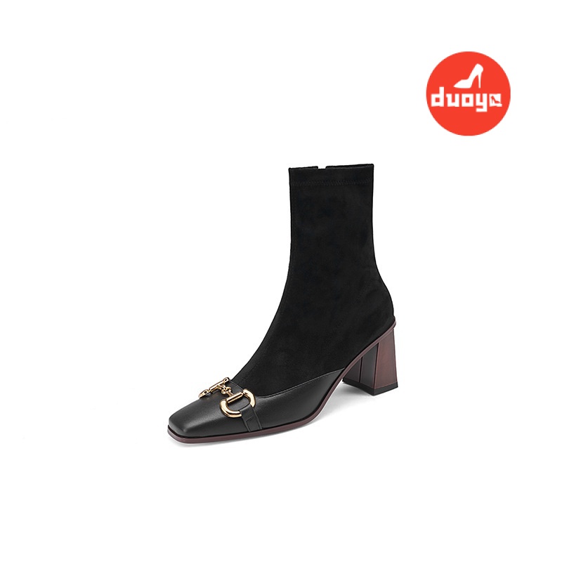 Duoya Tóc Thẳng ~ [Hàng Có Sẵn] Giày Bốt Cao Gót Mũi Vuông Mỏng Co Giãn Phối Khóa Kim Loại Phong Cách Pháp Mùa Thu Đông Cho Nữ Dễ Phối Đồ Giao Hàng Nhanh Chóng