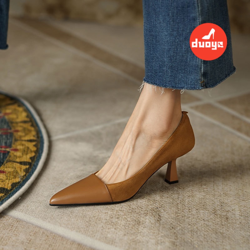 Tóc Thẳng Của Nhà Máy Duoya ~  Ruodan Ruodan ~ Chân Dài!Giày Cao Gót Da Mềm Mũi Nhọn Miệng Nông Thiết Kế Sành Điệu Cho Nữ