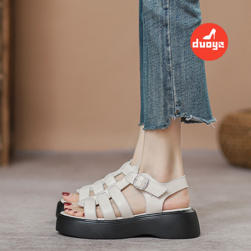 Duoya Tóc Thẳng ~ [Hàng Có Sẵn] Giày Sandal Đế Dày Bằng Da Mềm Đế Dệt Rỗng Thời Trang Cho Nữ Miễn Phí Vận Chuyển