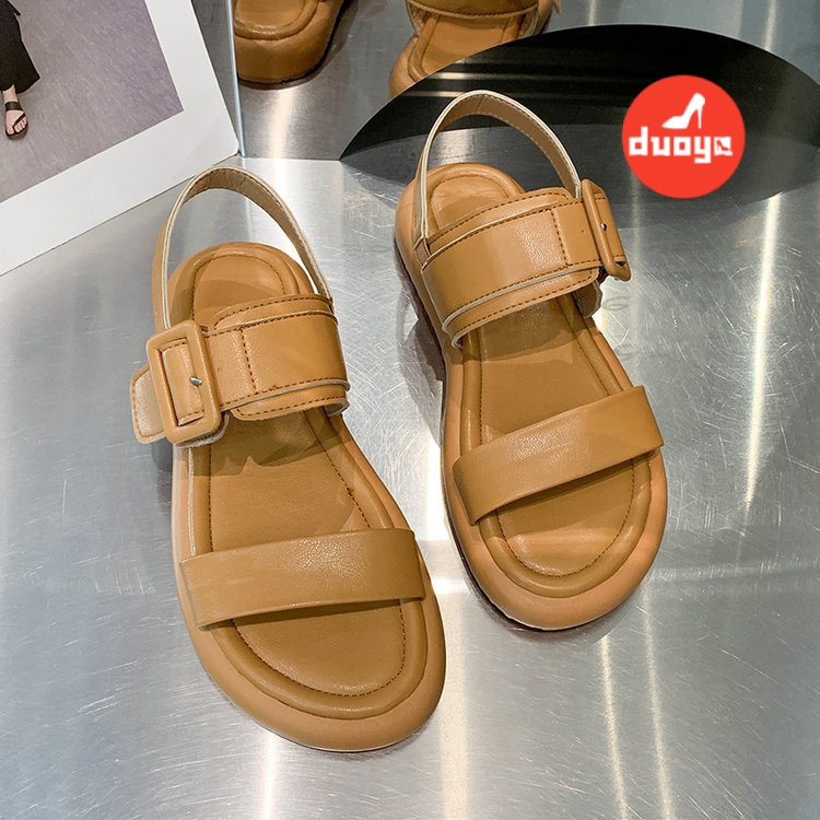 Duoya Tóc Thẳng ~ [Hàng Có Sẵn] Giày Sandal Đế Xuồng Dày Hở Ngón Bằng Da Thật Mềm Mại Có Khóa Thắt Lưng Thấp Mùa Xuân Hè Cho Nữ Miễn Phí