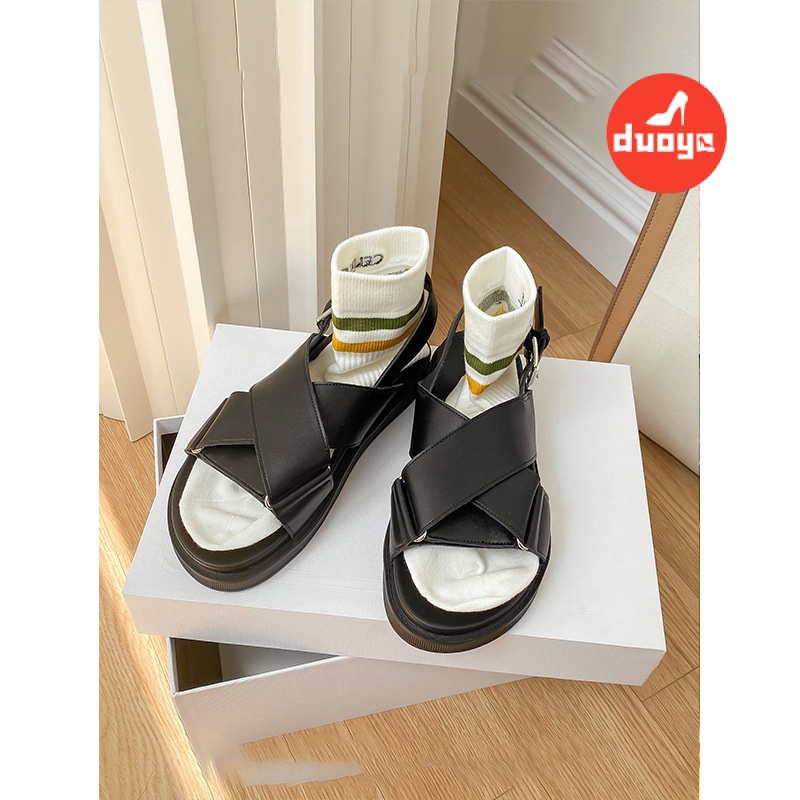 Duoya Factory Thẳng Hàng ~ [Hàng Có Sẵn] Giày Sandal Da Thật Mềm Dây Chéo Đế Dày Có Khóa Cài Thời Thượng Cho Nữ Miễn Phí Vận Chuyển