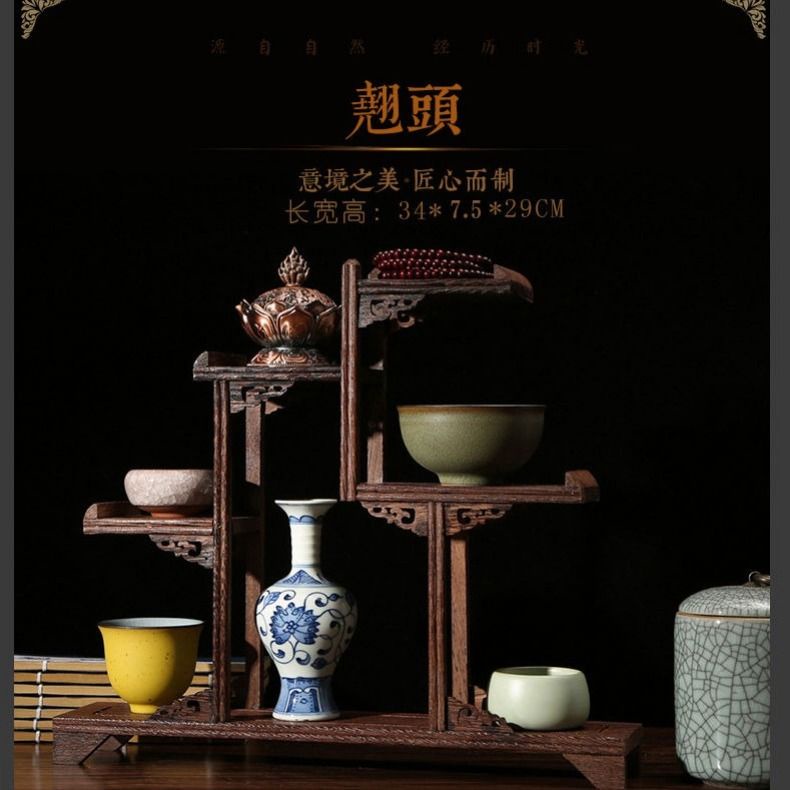 Kệ Gỗ Trơn Trưng Bày Bộ Ấm Trà Phong Cách Trung Hoa