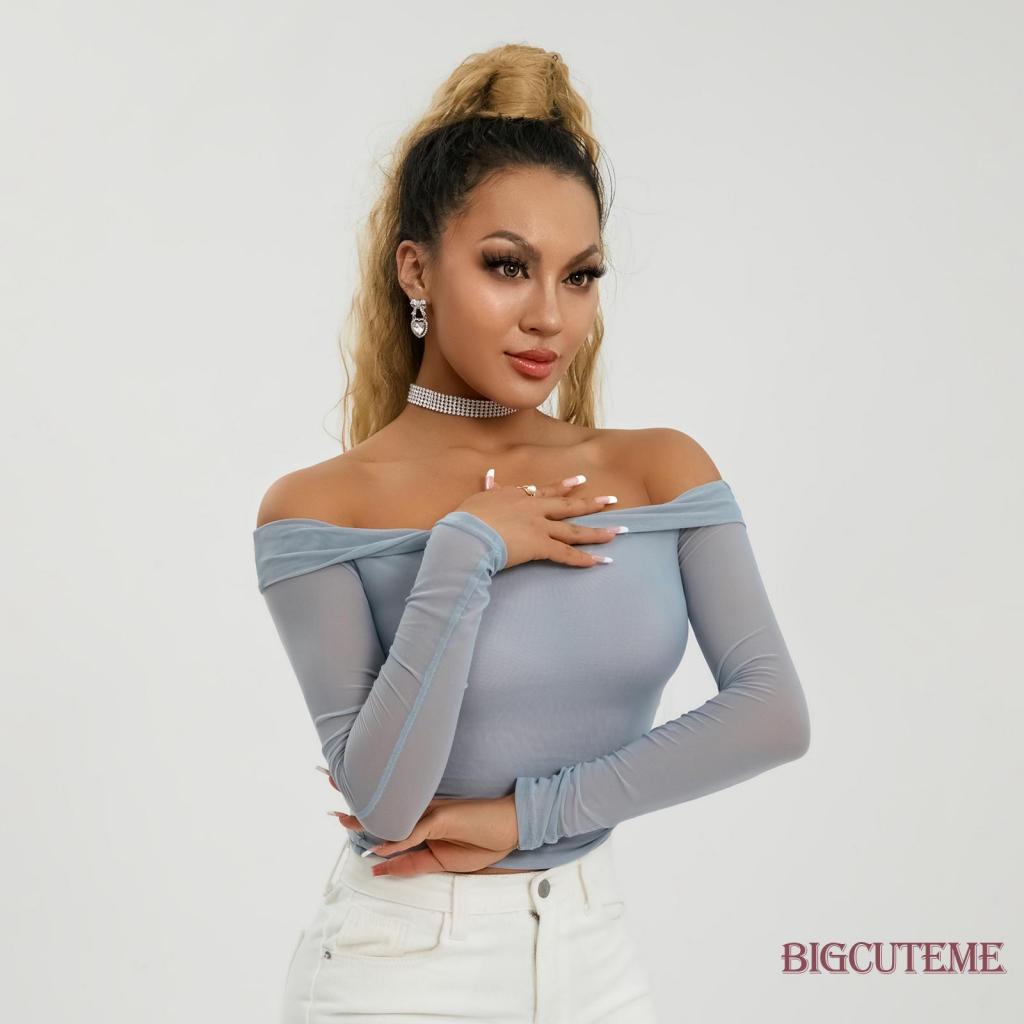 Áo Croptop Trễ Vai Tay Dài Màu Sắc Đơn Giản Cho Nữ