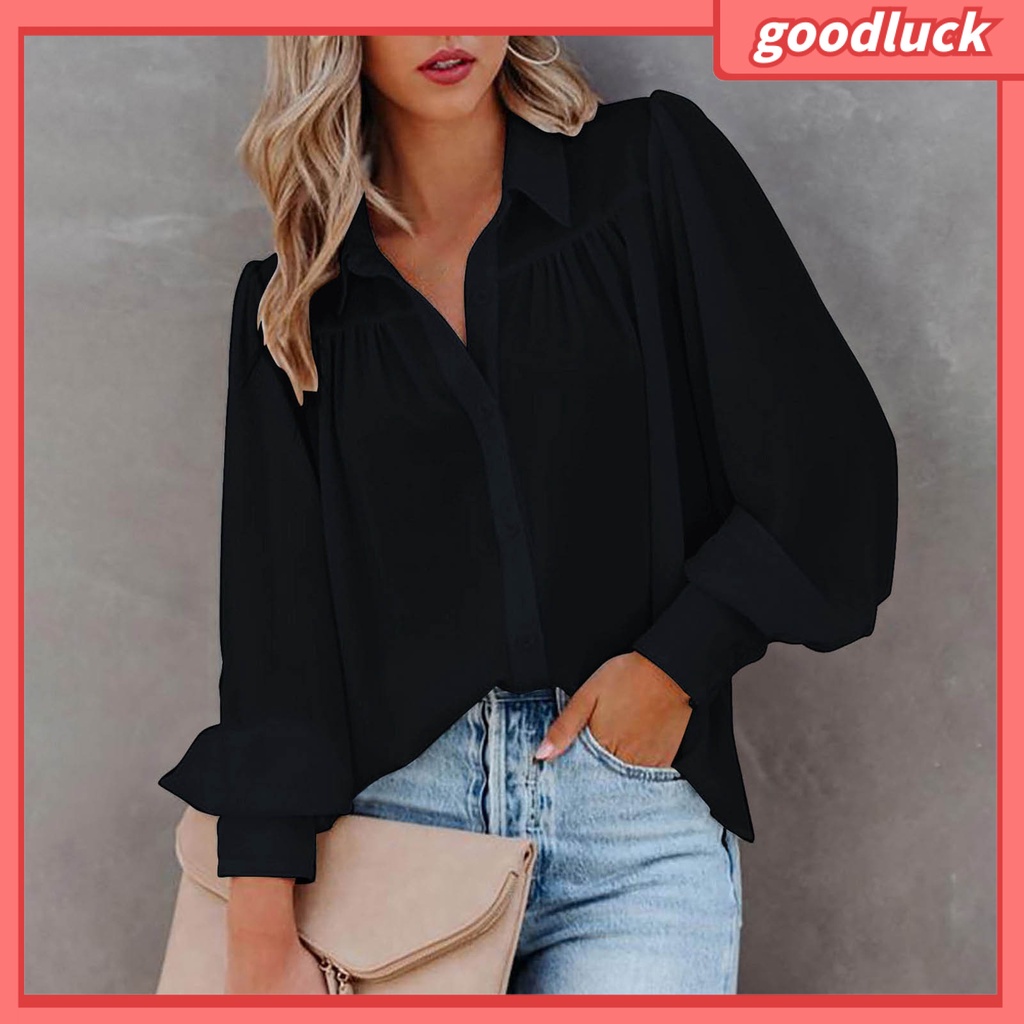 Áo Sơ Mi Tay Phồng Xếp Ly Cài Một Hàng Nút Cổ Bẻ Thời Trang Cho Nữ