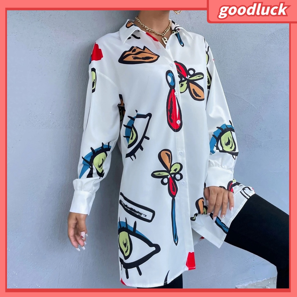 [ULK] Áo Sơ Mi Dài Tay Một Hàng Nút In Hình Đôi Mắt Thời Trang Dài Ngang Bắp Chân Cho Nữ