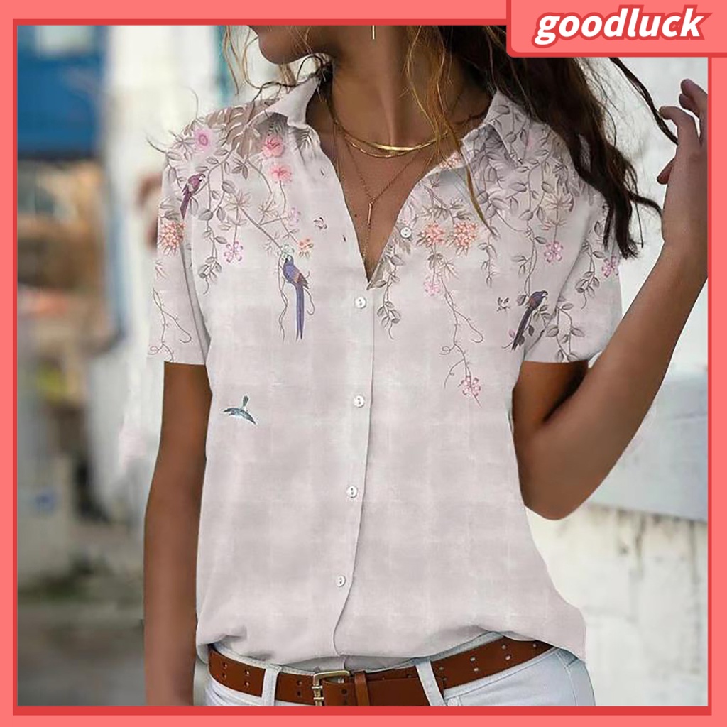 Áo Sơ Mi Tay Ngắn Cổ Bẻ Cài Khuy In Họa Tiết Hoa Thời Trang Mùa Hè Xinh Xắn Cho Nữ