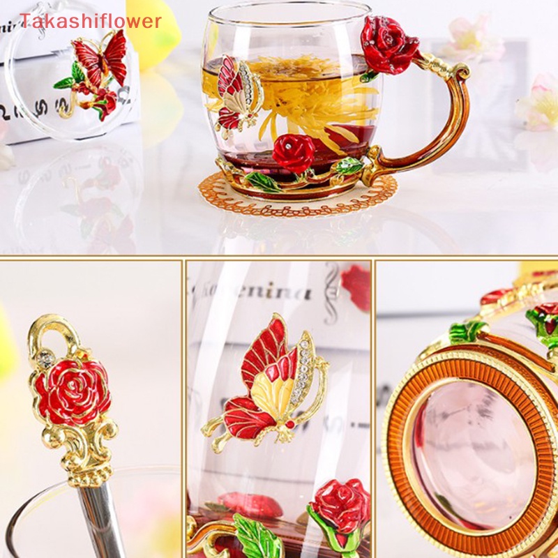 Cốc Uống Trà Cà Phê Bằng Kính Tráng Men Họa Tiết Hoa Hồng Và Bướm 3D Độc Đáo