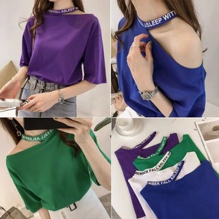 Áo Thun Cotton Tay Ngắn Hở Vai Dáng Rộng In Chữ Thời Trang Cho Nữ