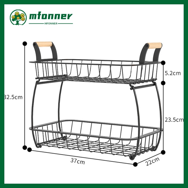 Rổ Đựng Trái Cây 2 Tầng Bằng Dây Kim Loại Có Tay Cầm Bằng Gỗ