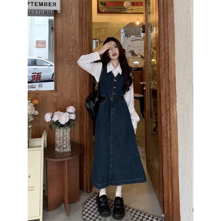 Bộ Áo Sơ Mi + Chân Váy Denim Dài Giả Hai Lớp Mẫu Mới 2023 Thời Trang Mùa Xuân Pháp Cho Nữ