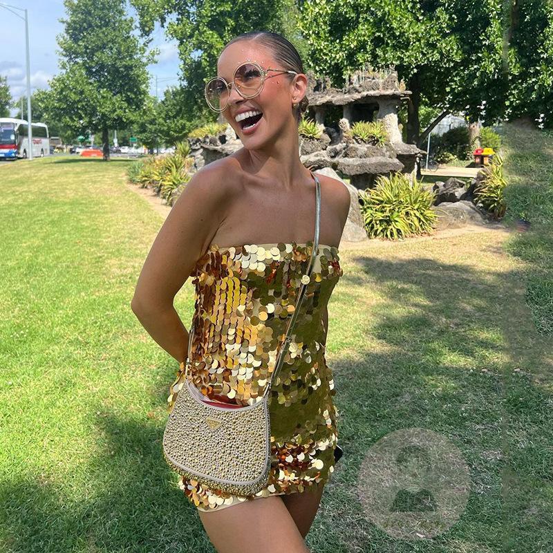 Đầm Hai Dây Hở Lưng Đính Kim Sa Lấp Lánh Thời Trang Mùa Hè Cho Nữ