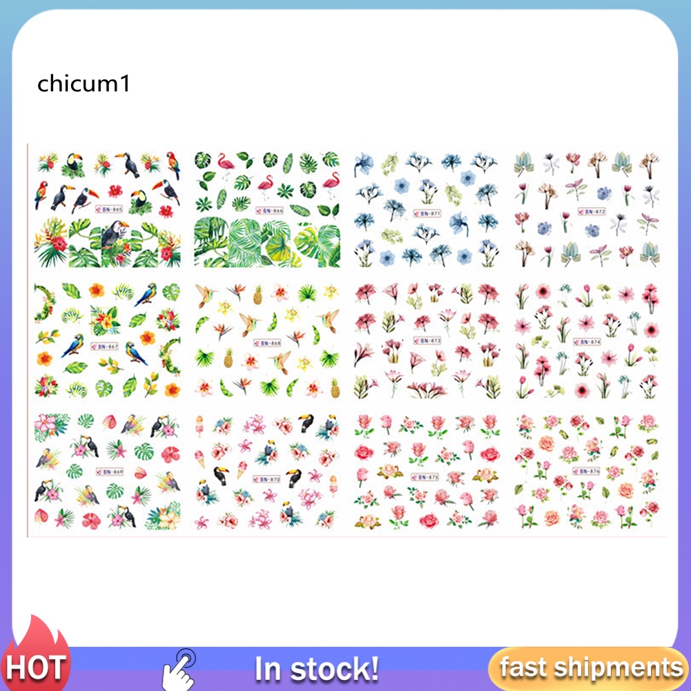 Miếng Dán Trang Trí Móng Tay Hình Hoa Lá Chim Hồng Hạc Xinh Xắn