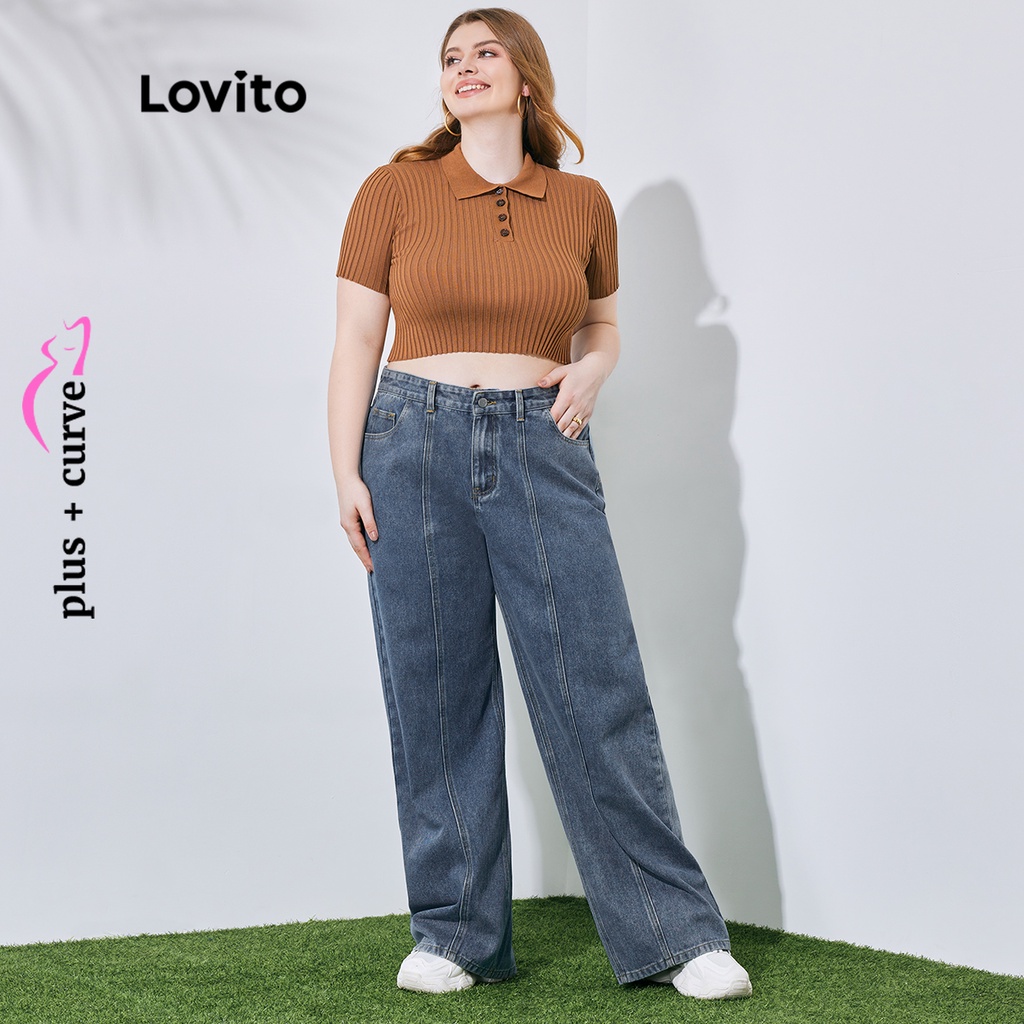 Quần jean LOVITO có túi nút cài khóa kéo màu trơn viền cong size lớn thường ngày cho nữ LPS08106 (màu xanh dương)