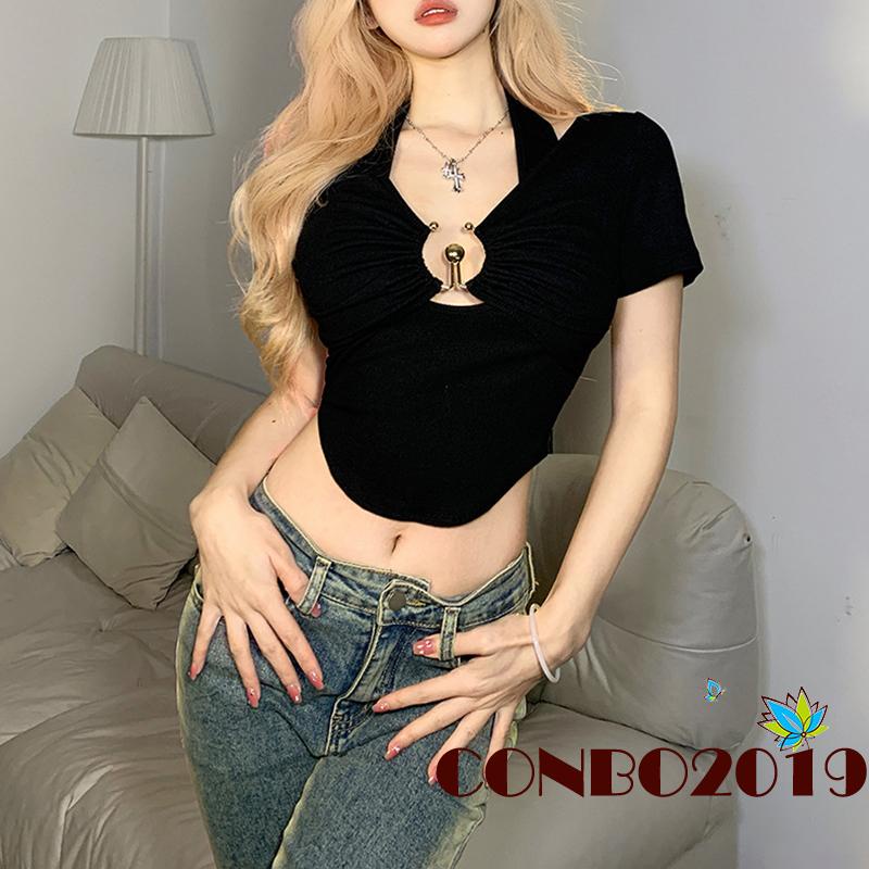 Áo Croptop Tay Ngắn Màu Sắc Đơn Giản Cho Nữ