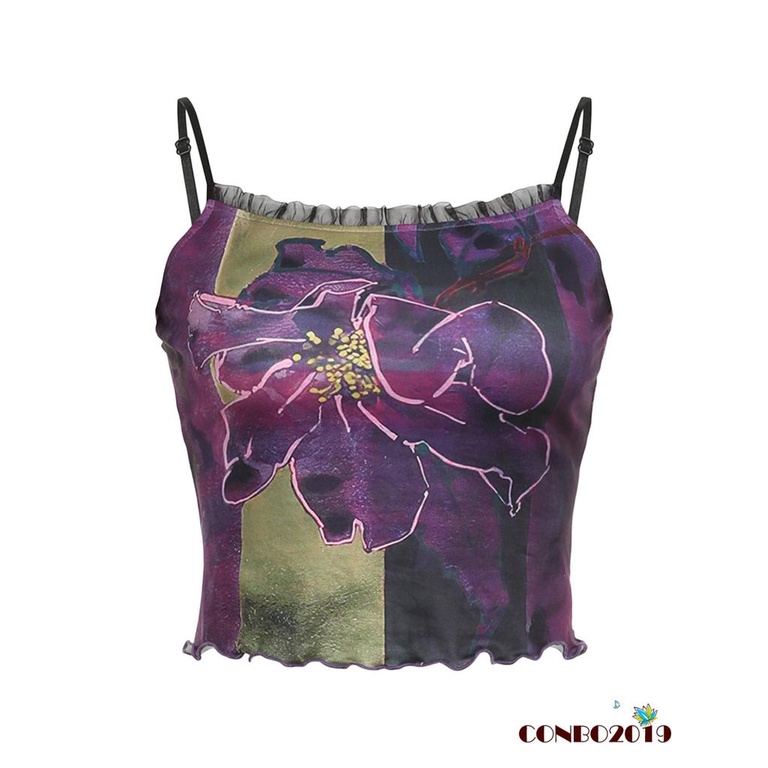 Áo Tank Top Hai Dây Hở Lưng Họa Tiết Hoa Màu Sắc Tương Phản Dành Cho Nữ