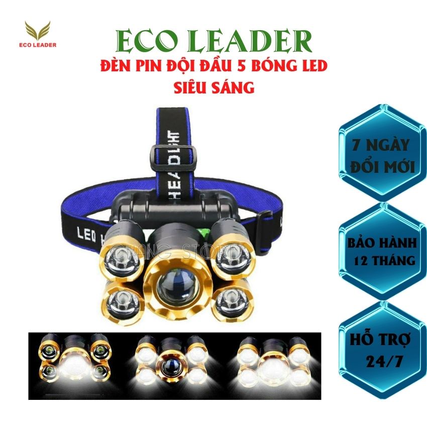 Đèn bin siêu sáng đội đầu 5 bóng led siêu bền, siêu sáng chống nước pin cực khỏe. lỗi 1 đổi 1