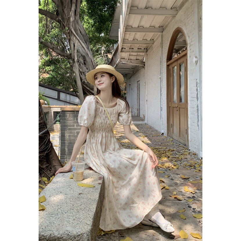 Đầm Dài Dáng Chữ a Tay Phồng Hở Vai In Họa Tiết Hoa Nhỏ Xinh Thời Trang Mùa Hè Phong Cách Hàn Quốc Cho