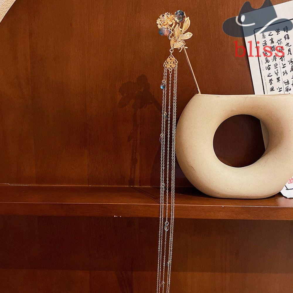 Trâm Cài Tóc Dáng Dài Đính Hoa Tua Rua Lấp Lánh Thời Trang Trung Hoa Cổ Điển