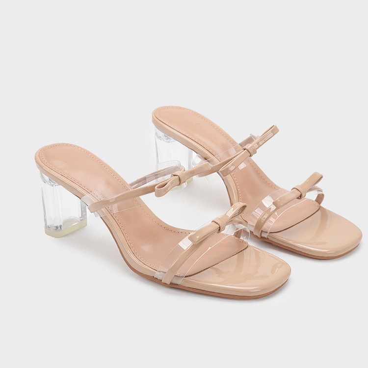 Duoya Tóc Thẳng ~ [Hàng Có Sẵn] Dép Cao Gót Mũi Vuông Hở Ngón Bằng Da Bóng Pha Lê Trong Suốt Hai Màu Khóa Thắt Nơ Cho Nữ Miễn Phí Vận Chuyển