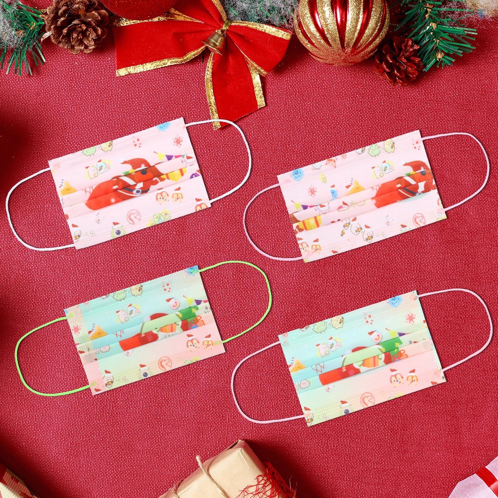 Bộ 50 Khẩu Trang 3 Lớp Dùng Một Lần Kèm Kẹp Mũi Và Dây Đeo Tai Thoáng Khí In Họa Tiết Ông Già Noel Cho Trẻ Em