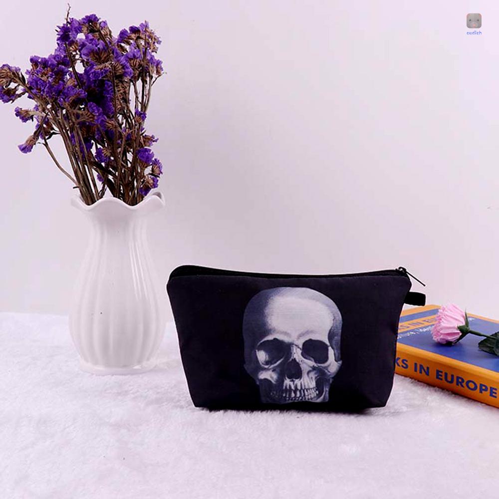 Túi Đựng Mỹ Phẩm Màu Đen In Họa Tiết Đầu Lâu 3D Độc Đáo Tiện Dụng Mang Theo Du Lịch Cho Nữ